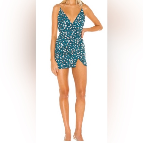 SUPERDOWN Revolve Mia Mini Dress Leopard Animal Print Blue Green Teal Ruched - Picture 15 of 15
